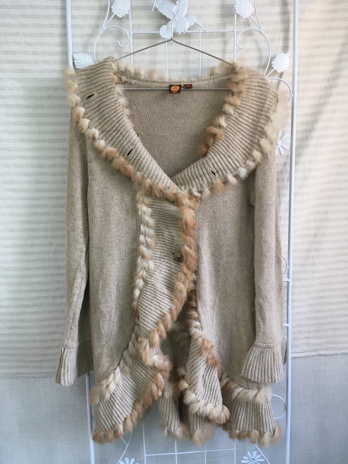 jpn vintage 베이지 퍼 프릴 니트 가디건 상품이미지1