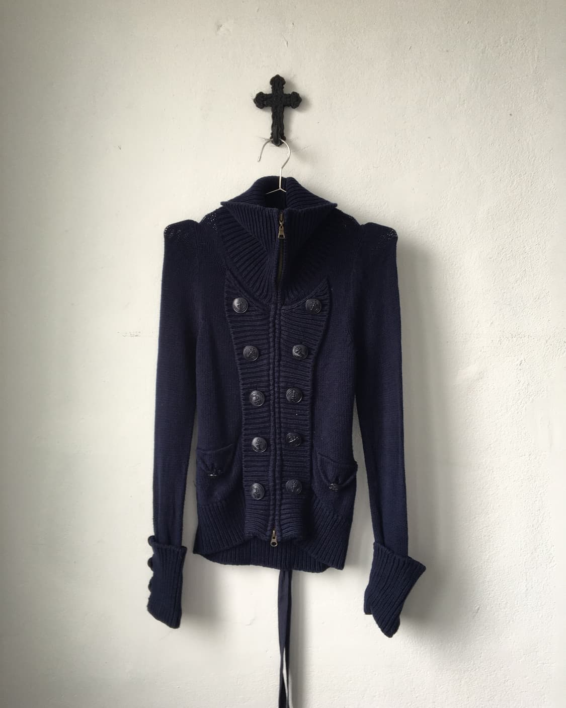 Double button high neck blue knit zip up 상품이미지2