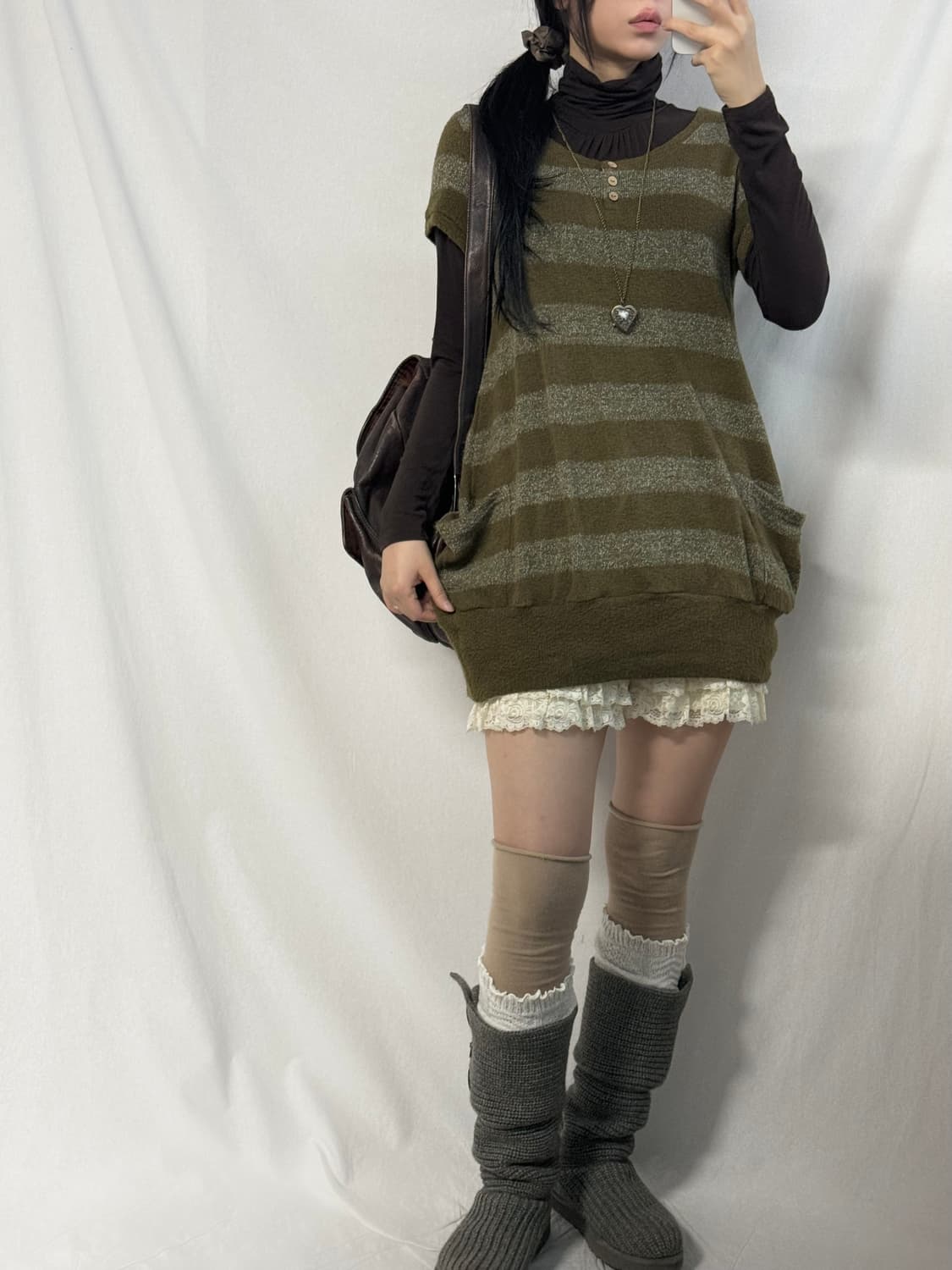 버튼 스트라이프 패턴 포켓 니트 원피스 상품이미지2