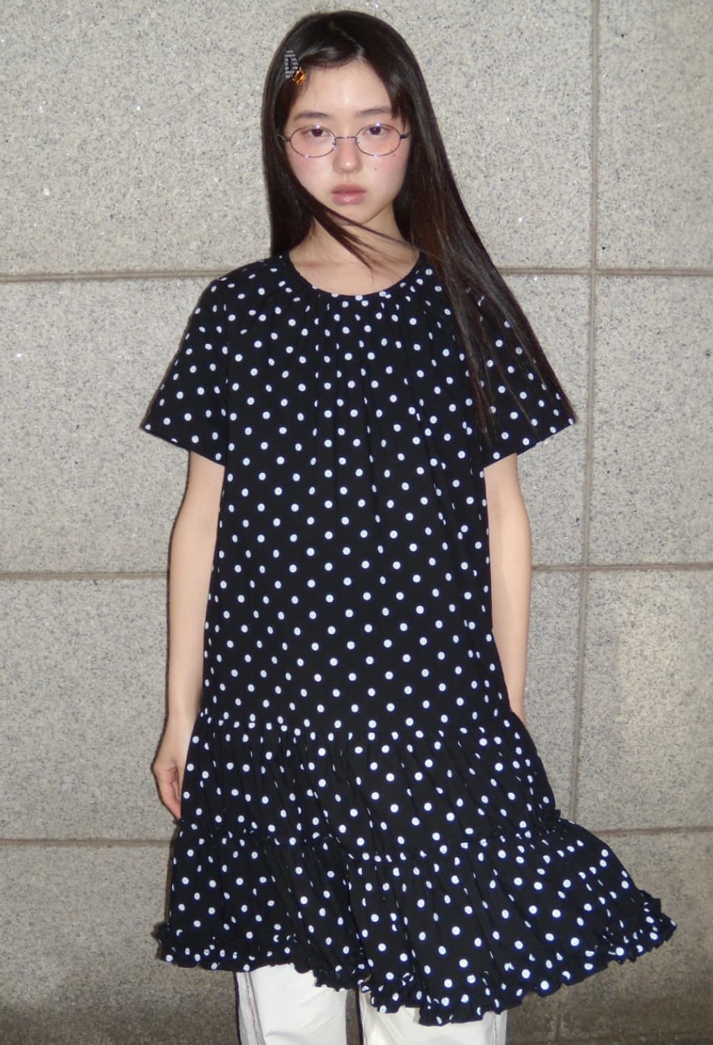 론론 프릴 도트 원피스 네이비 상품이미지1