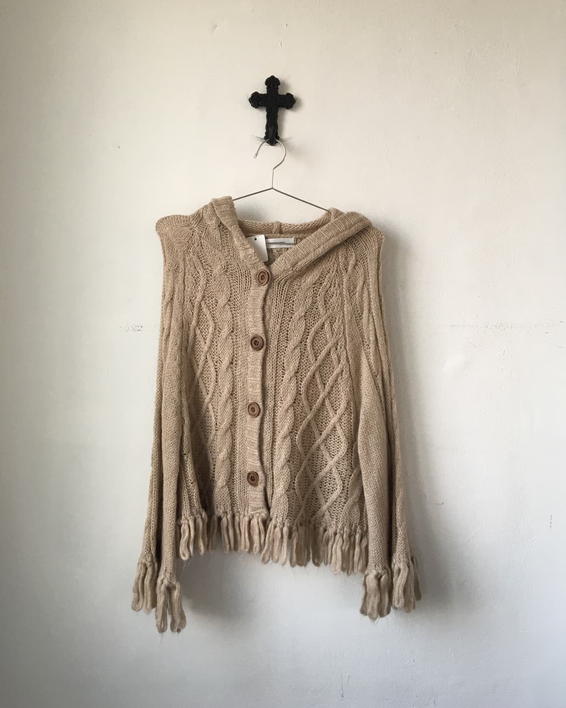 Fringe cable pattern hood knit cardigan 상품이미지2