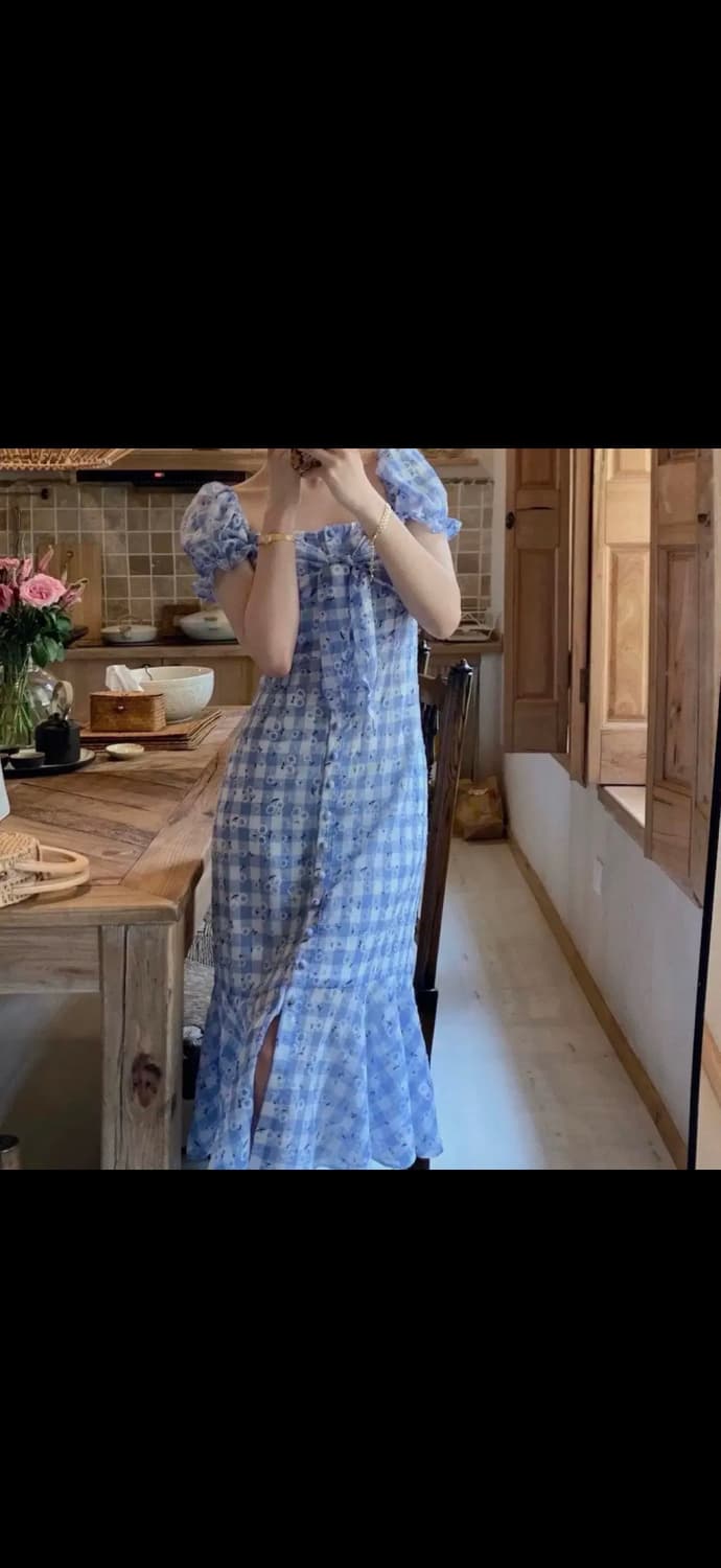 블루 체크 데이지 포인트 여름원피스 퍼프소매 휴양지원피스 상품이미지2