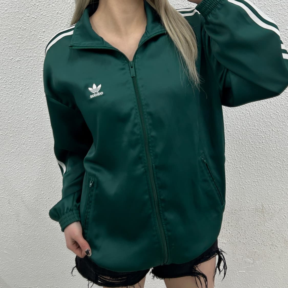 아디다스 화이트라인 새틴 딥그린 트랙탑 L 상품이미지2