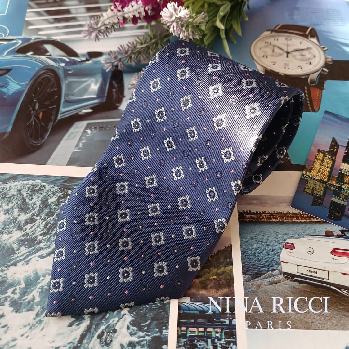 니나리치 실크 블루 플라워 자카드 넥타이 9.8cm A+등급 A18945 상품이미지1