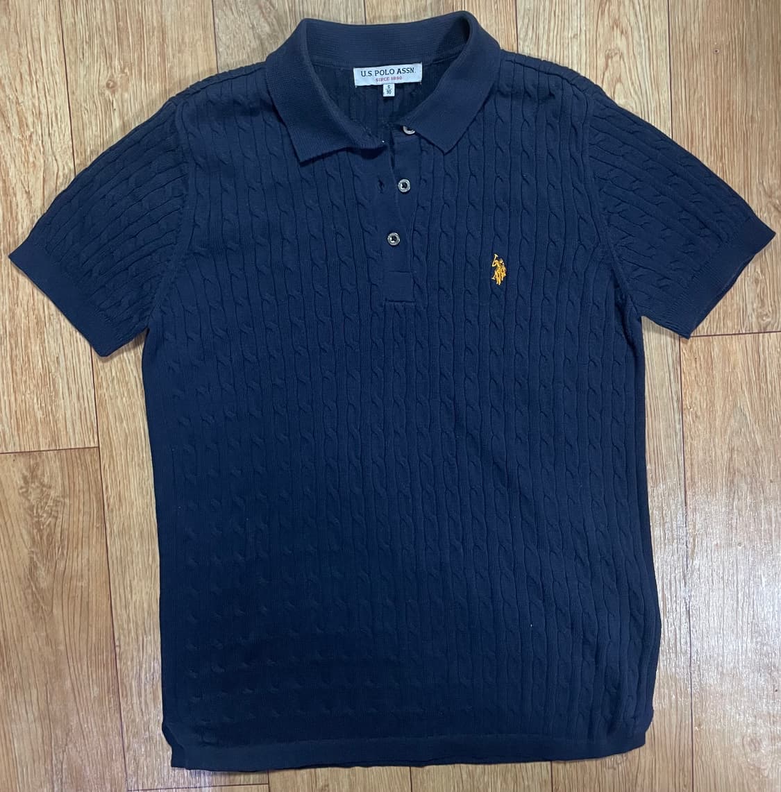 U.S. POLO ASSN 네이비 꽈배기 카라 니트 반팔 상품이미지1