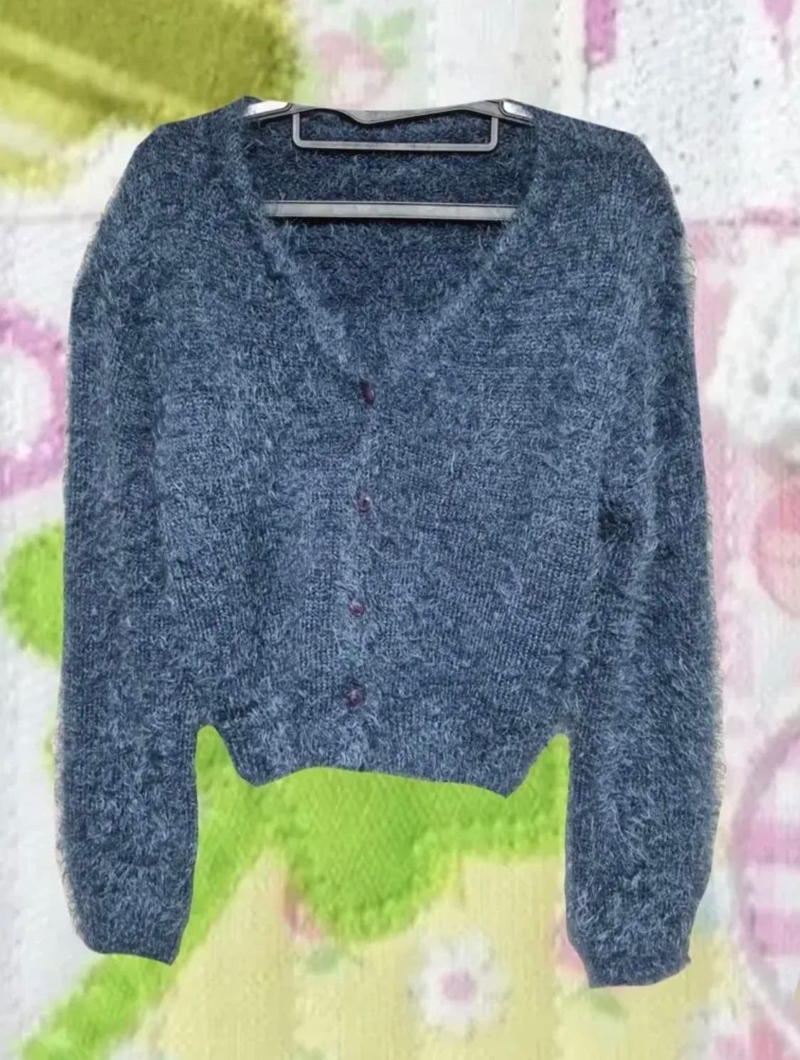 앙고라 브이넥 가디건 청록색 보라 자개단추 상품이미지1