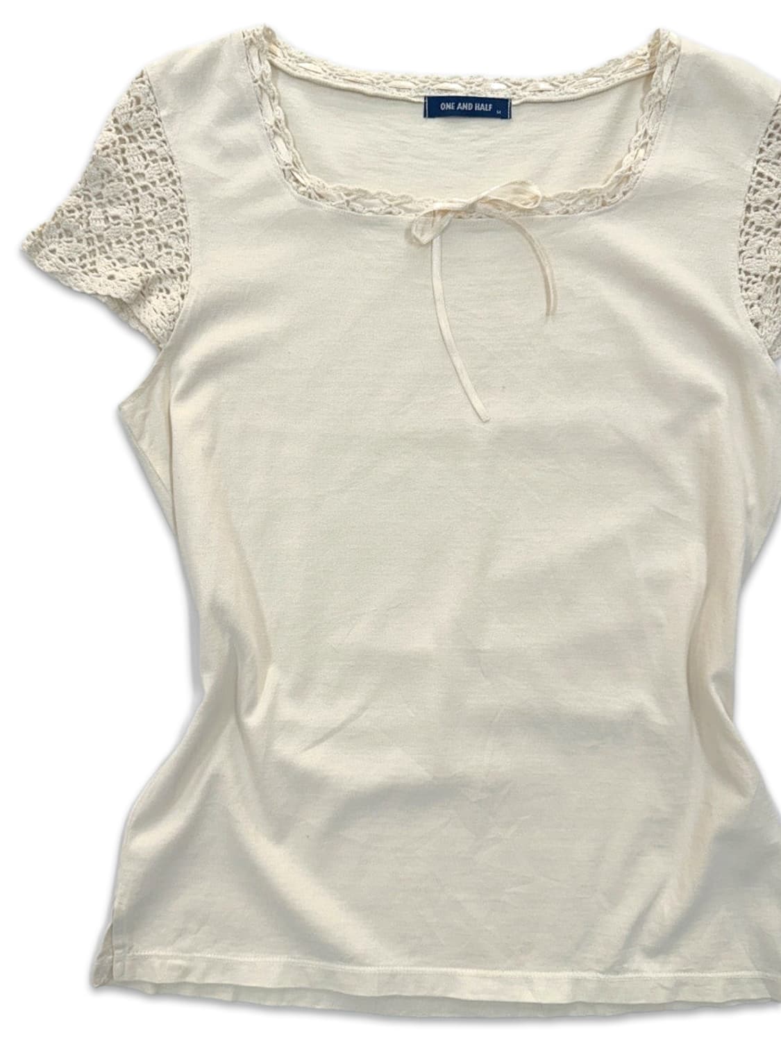 빈티지 ONE AND HALF 아이보리 니트 리본 반팔티 상품이미지2