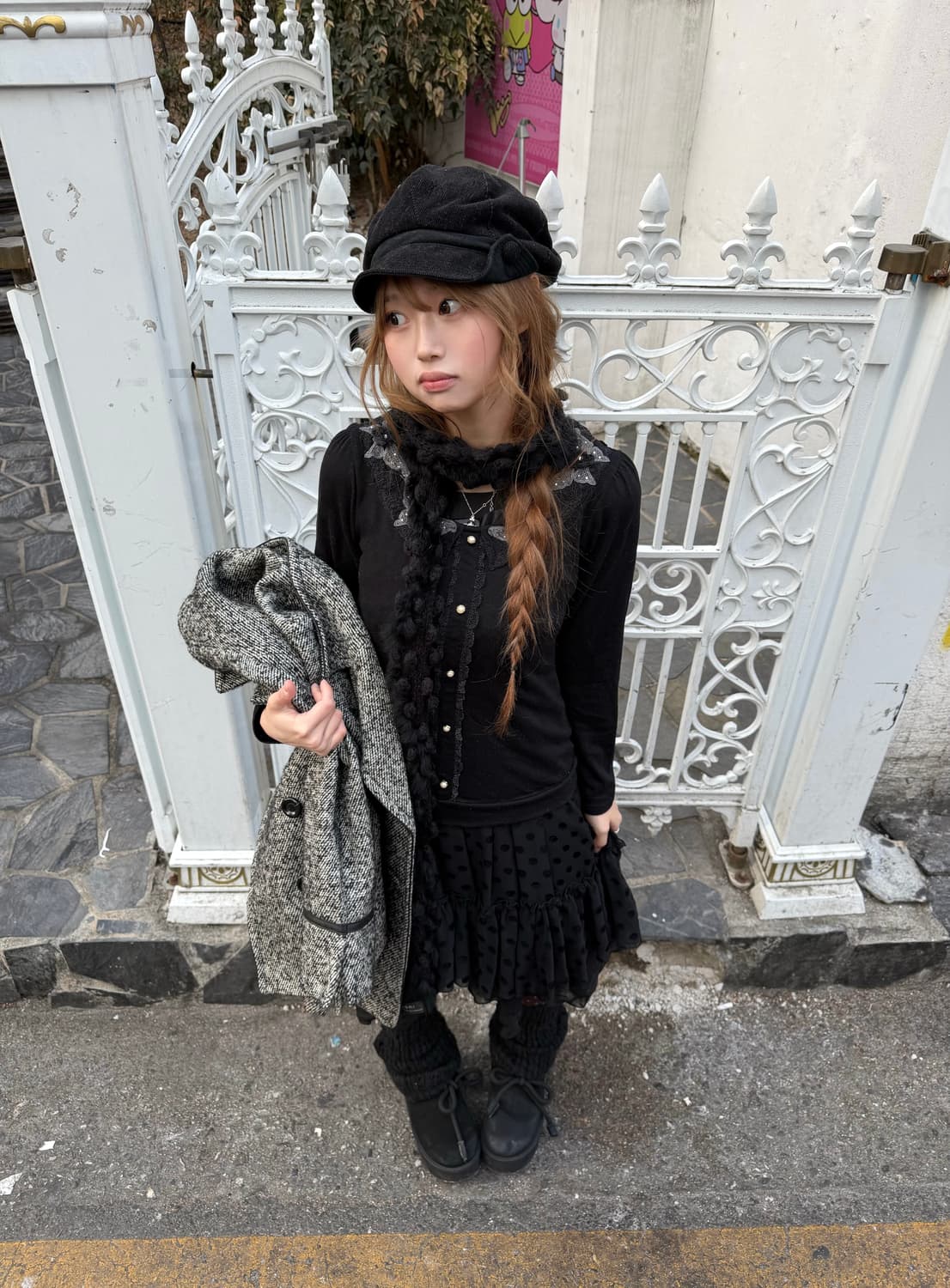 엑시즈팜 무채색 니혼진 하이넥 더블코트 도트 코디세트 상품이미지2