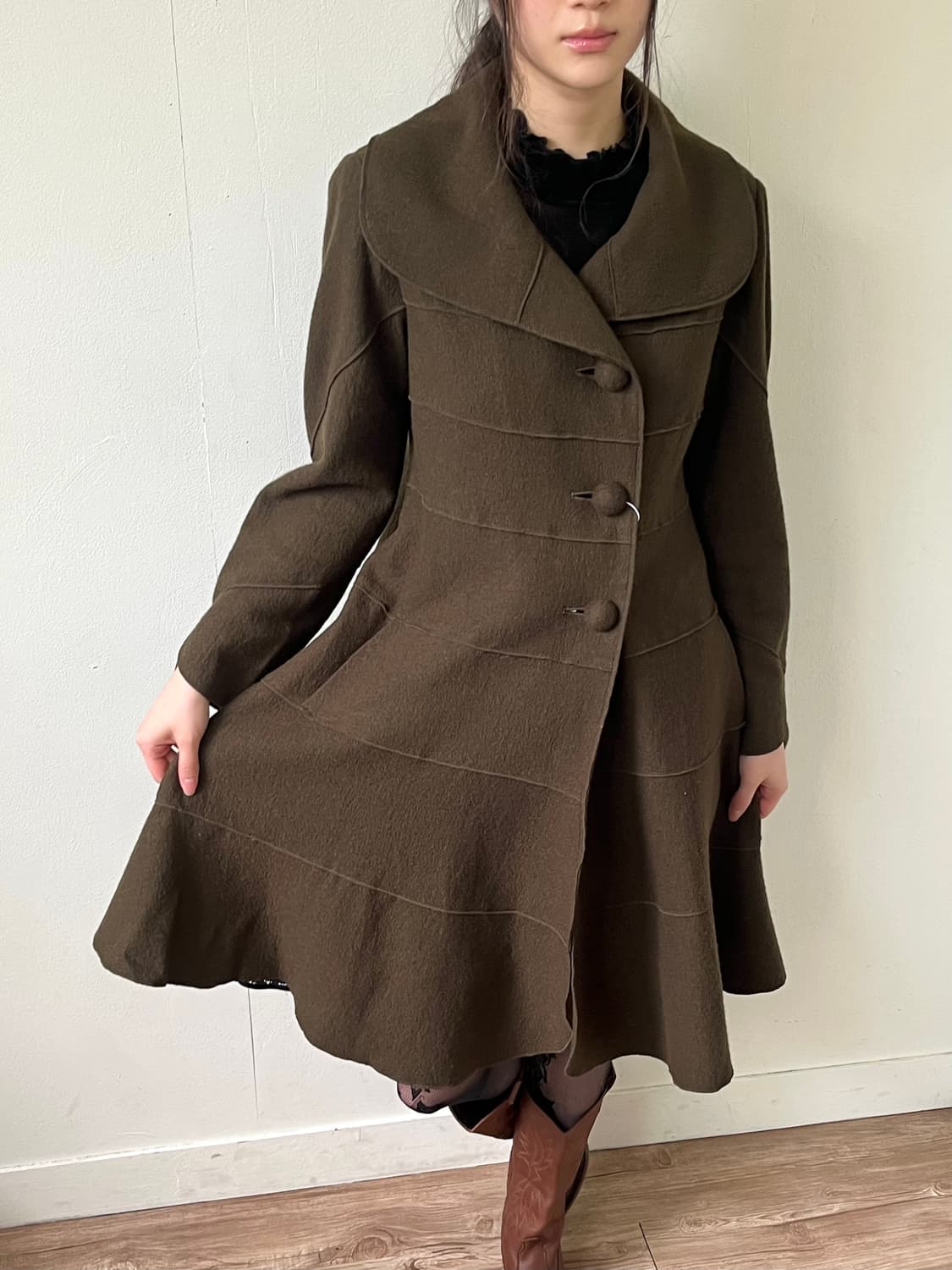 Vertical 풀 카라 올리브 롱 코트 상품이미지4