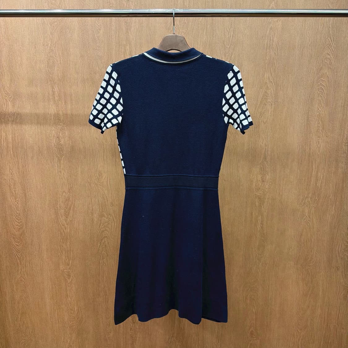 막스마라 니트 롱원피스 반팔 카라 집업 스퀘어 체크 패턴 디테일 네이비 상품이미지3