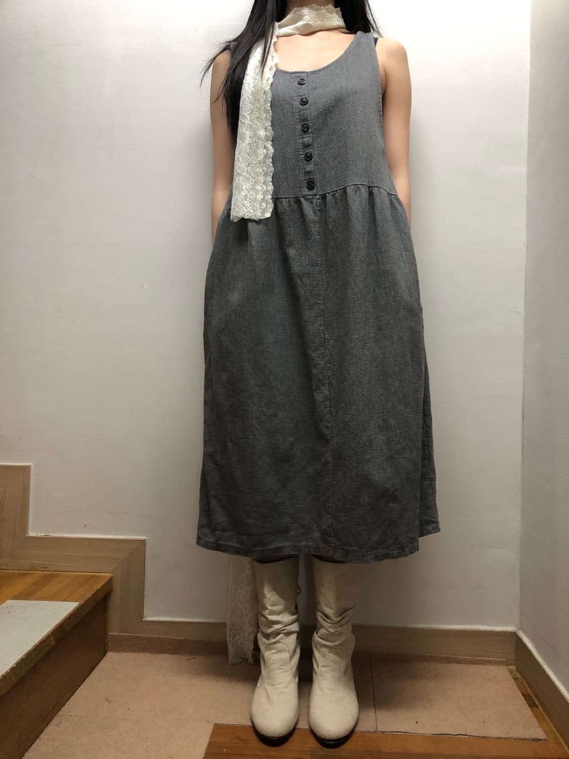 빈티지 그레이 버튼 원피스 상품이미지5