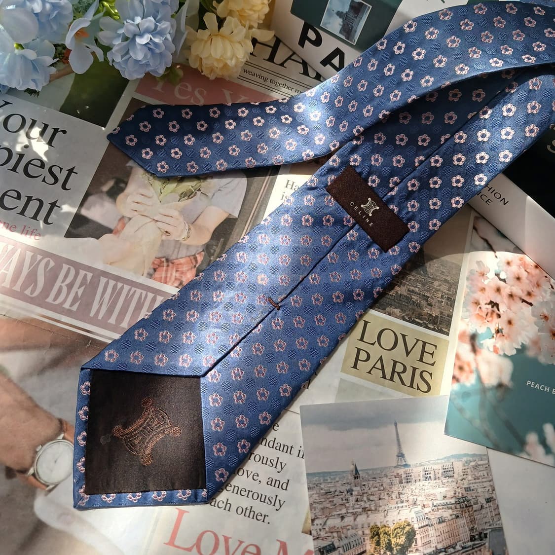 셀린느 실크 블루 플라워 자수 넥타이 9cm B등급 E908 상품이미지3