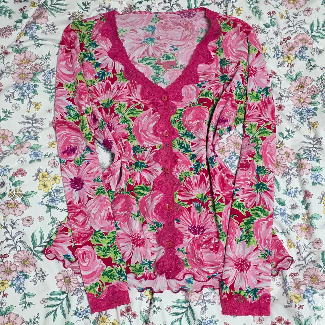 일본빈티지)핑크로즈 플로럴st 꽃무늬 y2k스즈코모리걸로맨틱 메쉬 가디건 상품이미지1