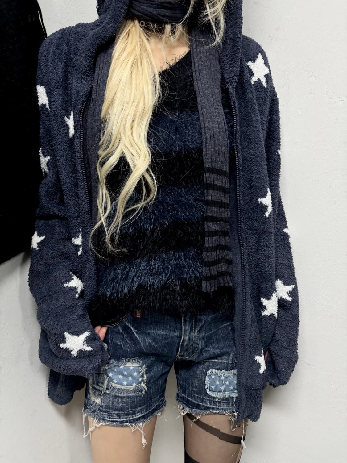  Star Print Fleece Over Fit Hoodie Zip U 상품이미지4