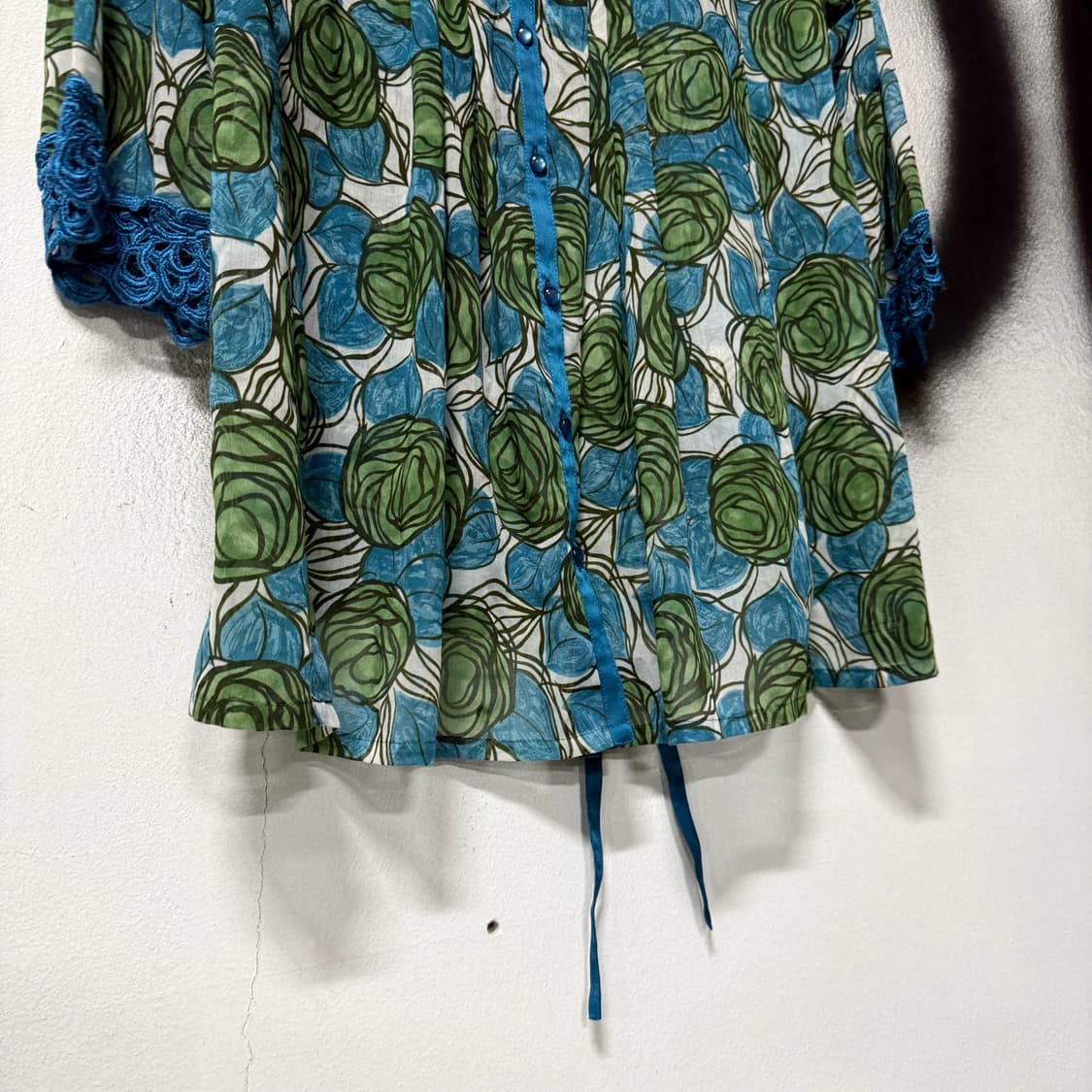 VTG 빈티지 핀턱 레이스 블루 플로럴 시스루 셔츠 블라우스 상품이미지5