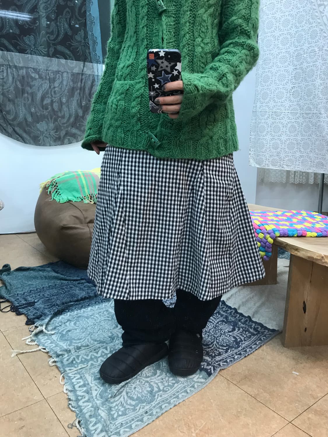 빈티지 여성 체크 밴딩 시어서커 미디스커트  상품이미지1