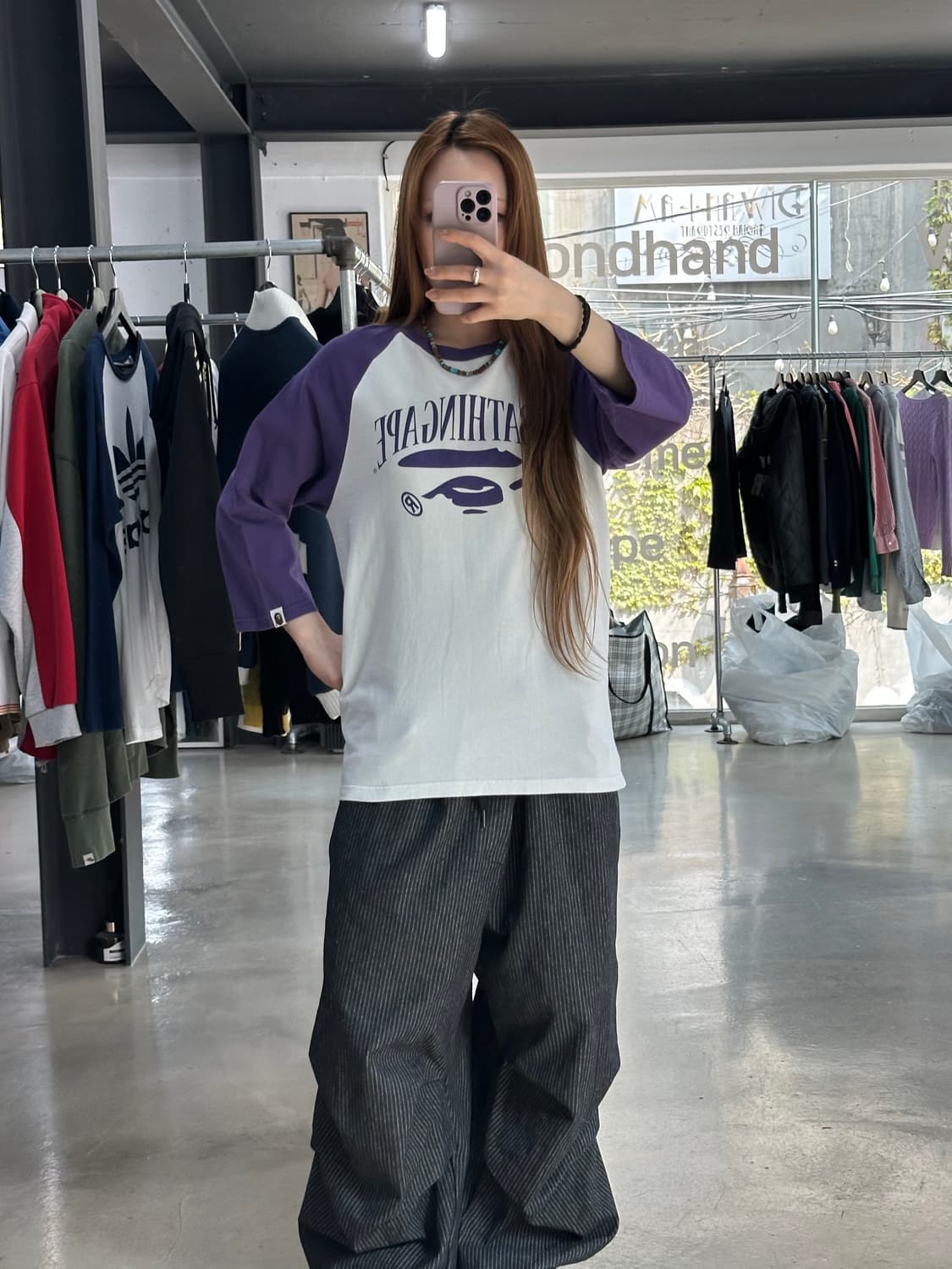 베이프 스펠로고 래글런 티셔츠 퍼플 상품이미지3