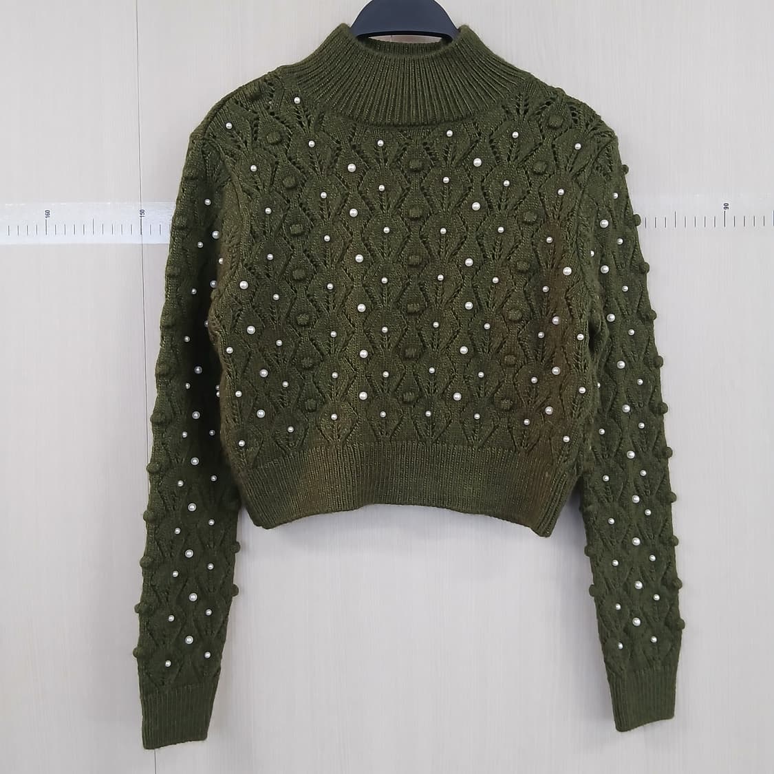 ZARA 진주 장식 니트 풀오버 카키색 상품이미지1