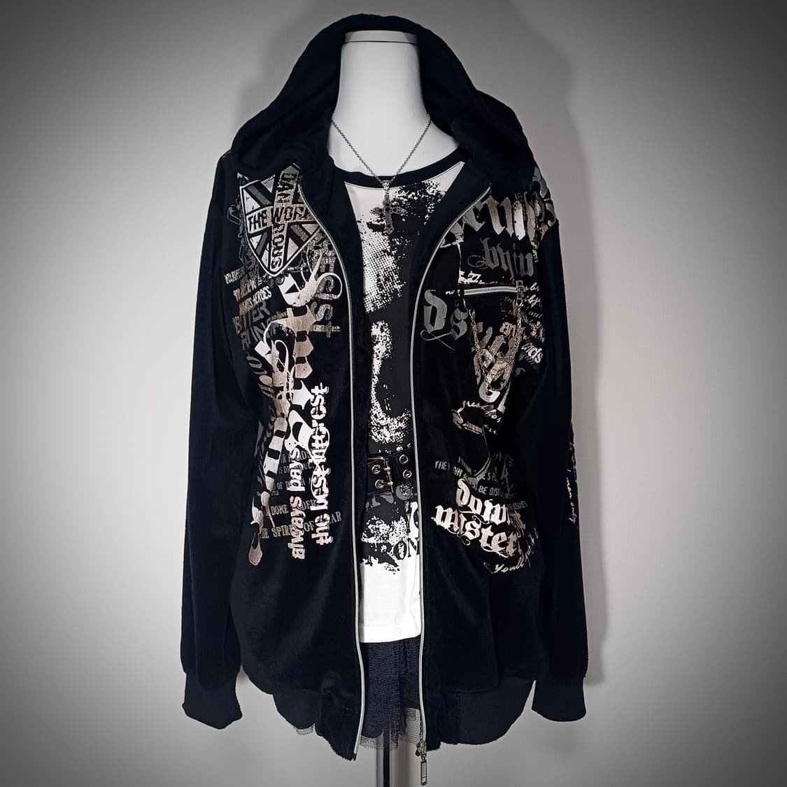 고스펑크 해골 프린팅 벨벳 체인 후드집업 상품이미지1