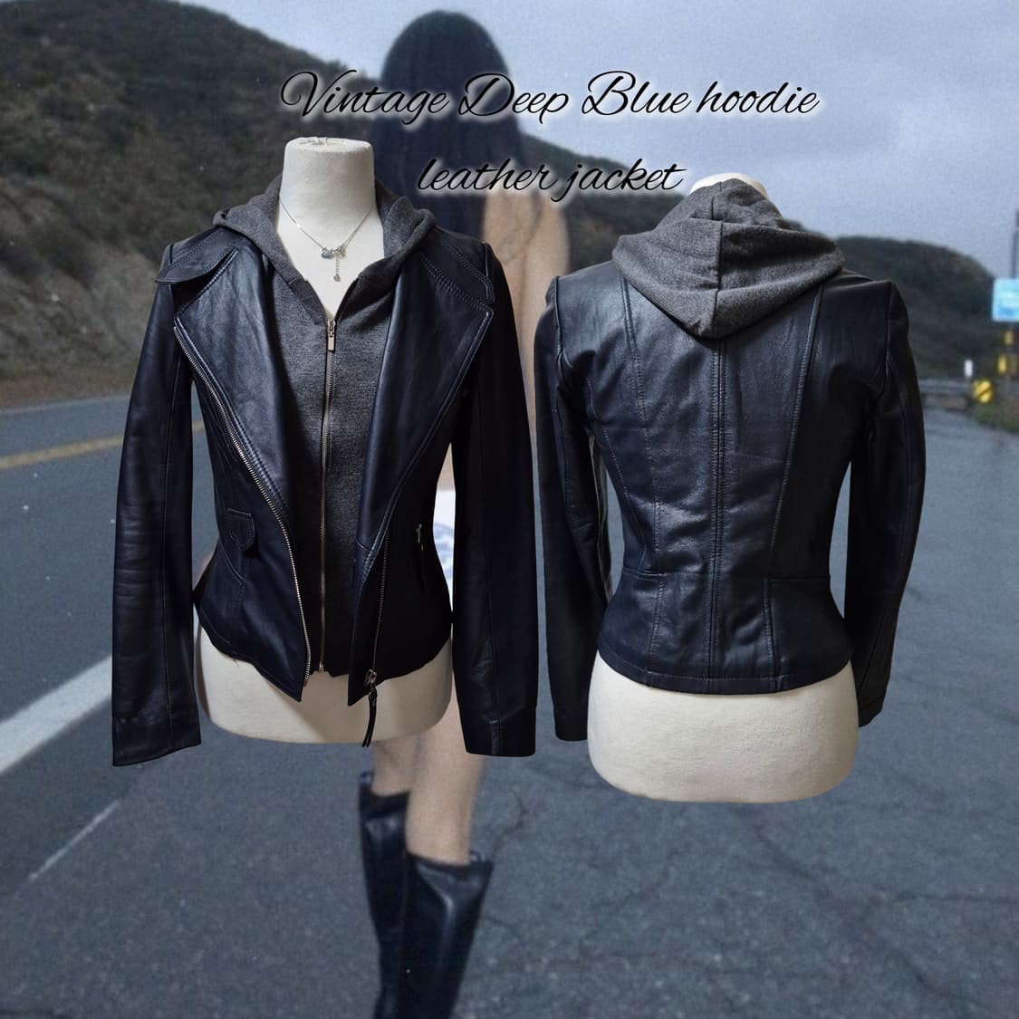 Vintage Deep Blue hoodie leather jacket 상품이미지1