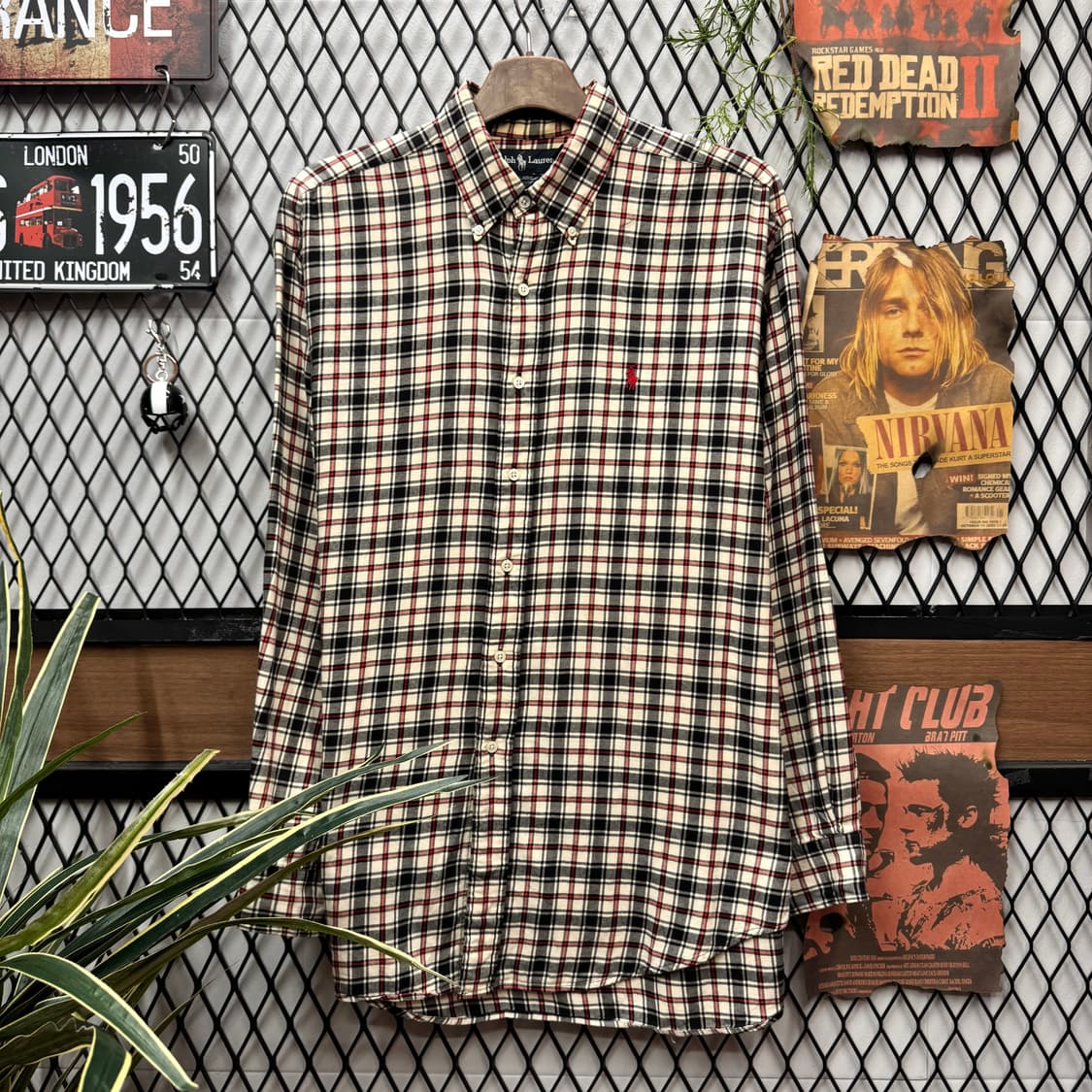 폴로 랄프로렌 긴팔 체크 셔츠 레드 포니 로고 포인트 네이비레드 상품이미지1