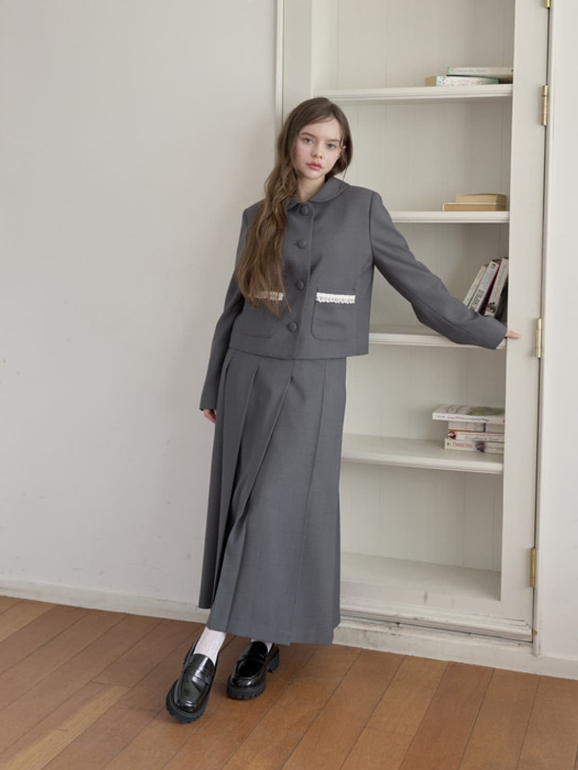 [1회 착용] 미에르꼴레스 레이스 플리츠 롱 스커트 그레이 회색 S 상품이미지5