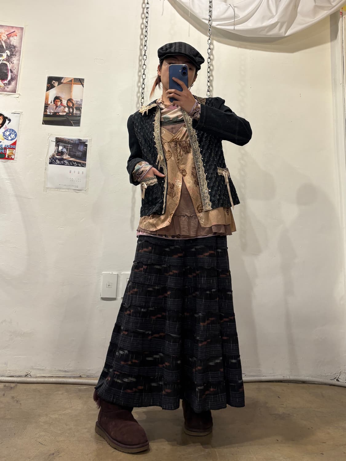 이카트 스타일 패턴 브라운 스티치 블랙 롱스커트 히피 오리엔탈 상품이미지3