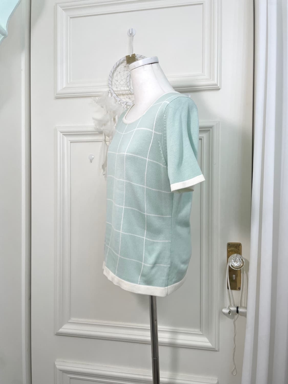 mint white check hlaf knit top(size-L) 상품이미지2