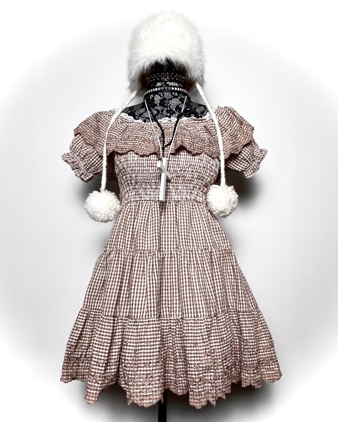 LIZ LISA 리즈리사 브라운 레이스 체크 패턴 원피스 상품이미지1