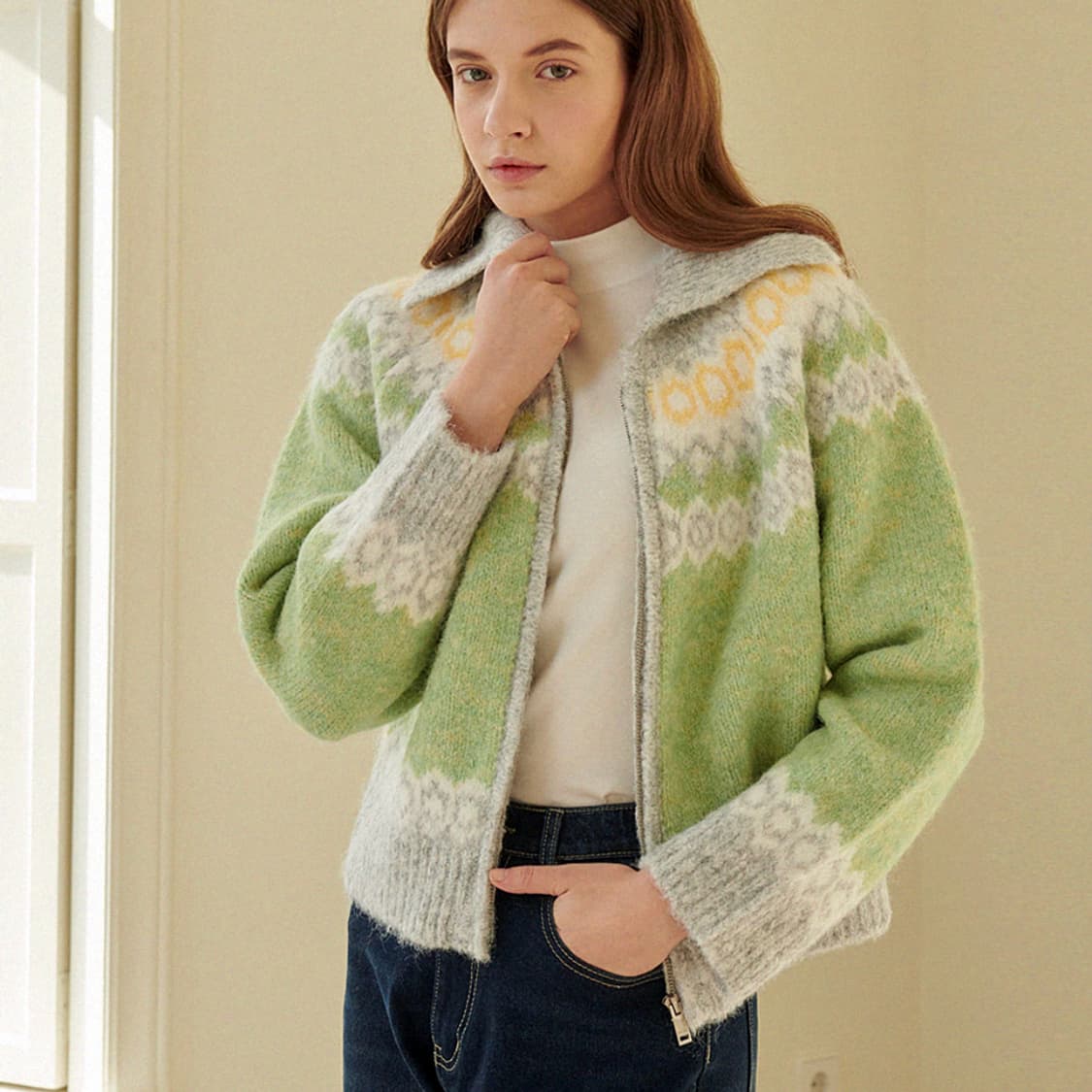 미케네(MICANE) 밀키 울헤어 니트집업가디건 44-66 새상품 상품이미지2