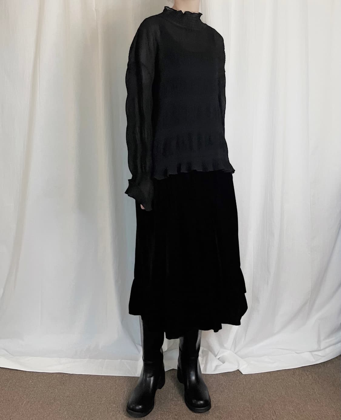 Chiffon Shirring Blouse - Black 상품이미지3