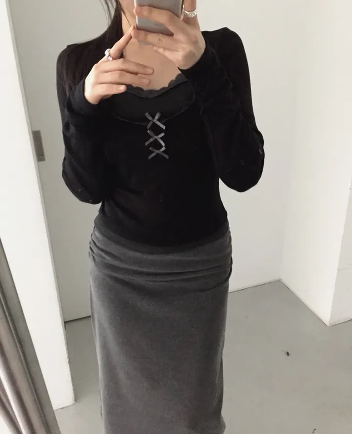 새거)레이스 리본 셔링 긴팔 티셔츠 미스치프 쓰리타임즈 코이세이오 미소녀 상품이미지2