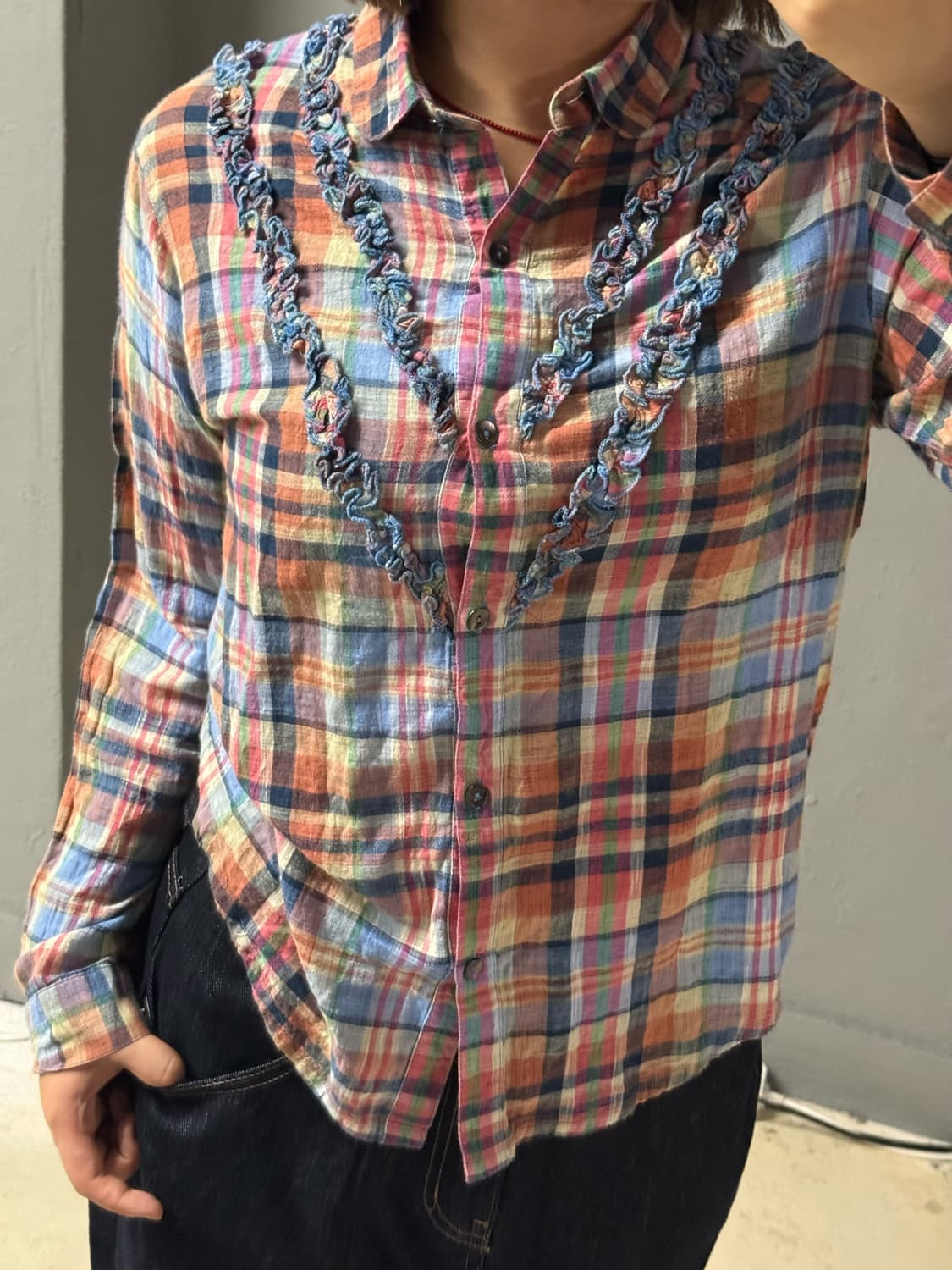 colorful check pattern frill shirt  상품이미지2