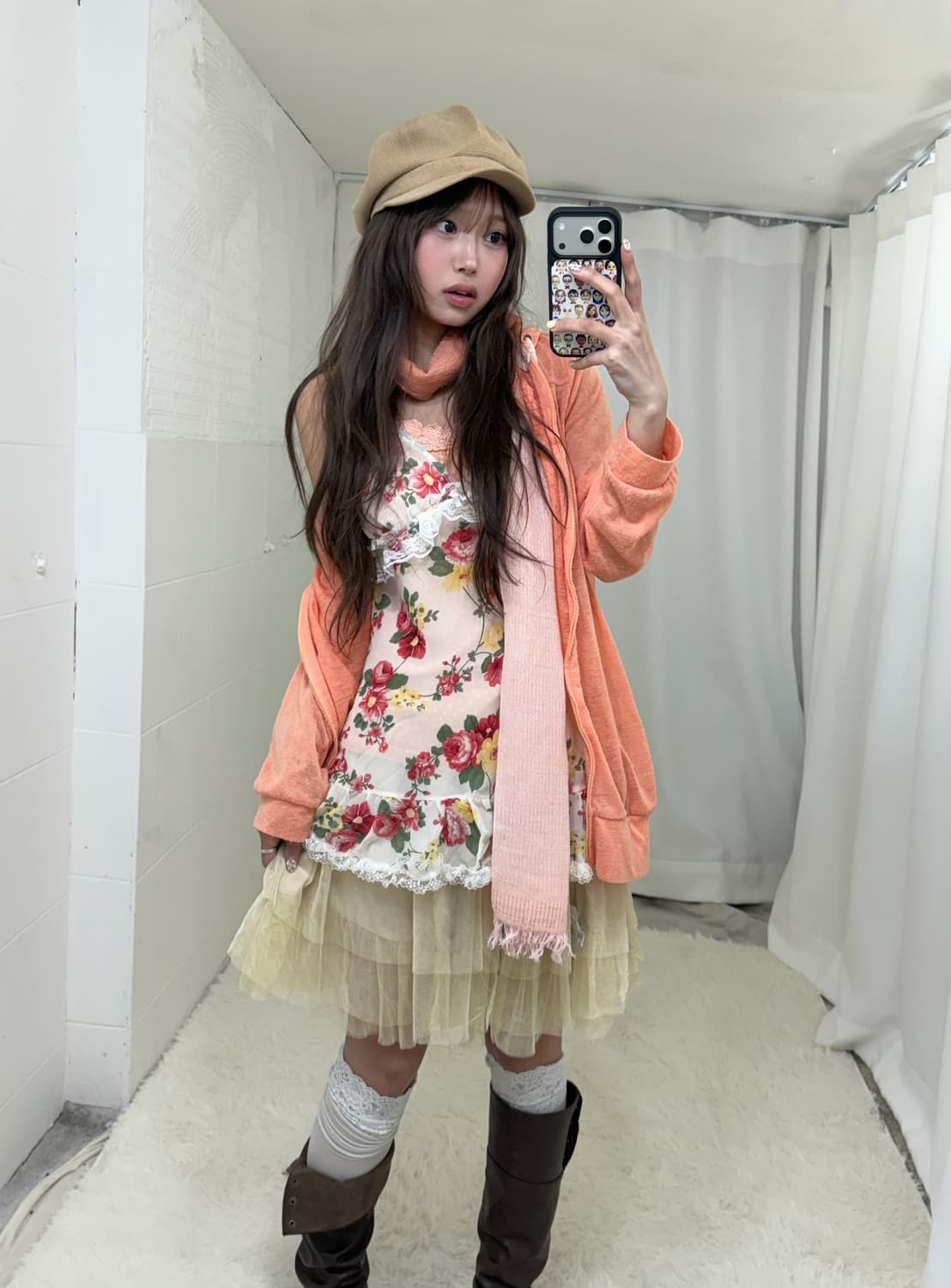 자몽 코랄핑크 플라워패턴 하구미 후드집업 코디세트 상품이미지2