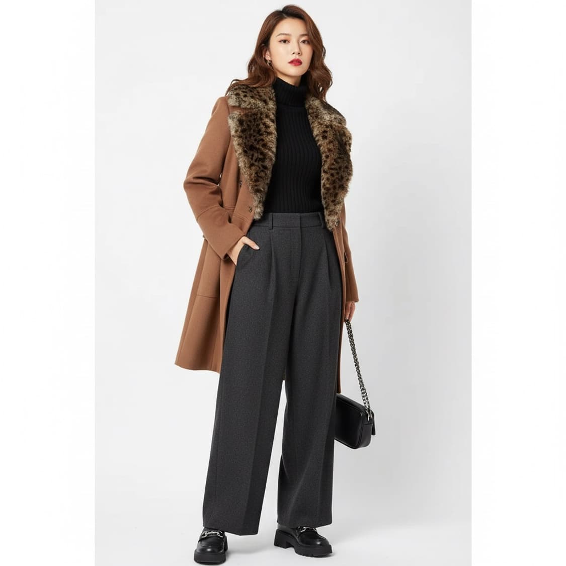 [42/55~66] 시슬리 브라운 산토모 울 퍼칼라 코트 여성 상품이미지1