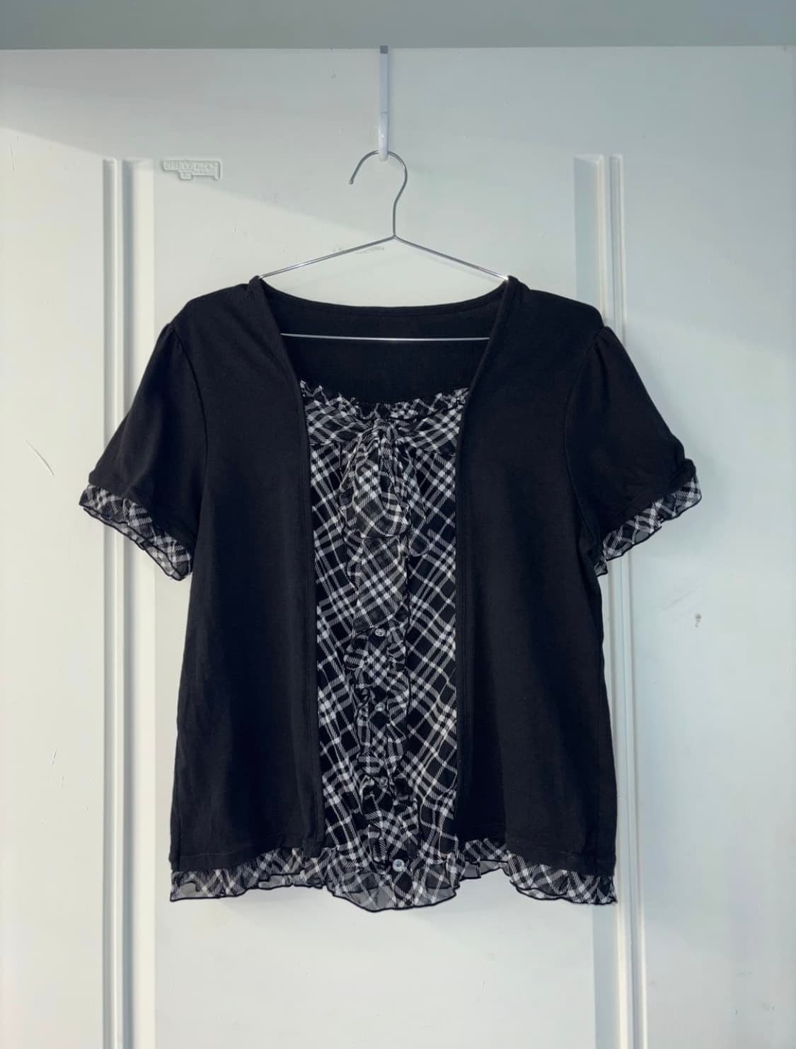 일본빈티지 모리걸 블랙 체크 프릴 레이어드 반팔 티셔츠 블라우스 상품이미지1
