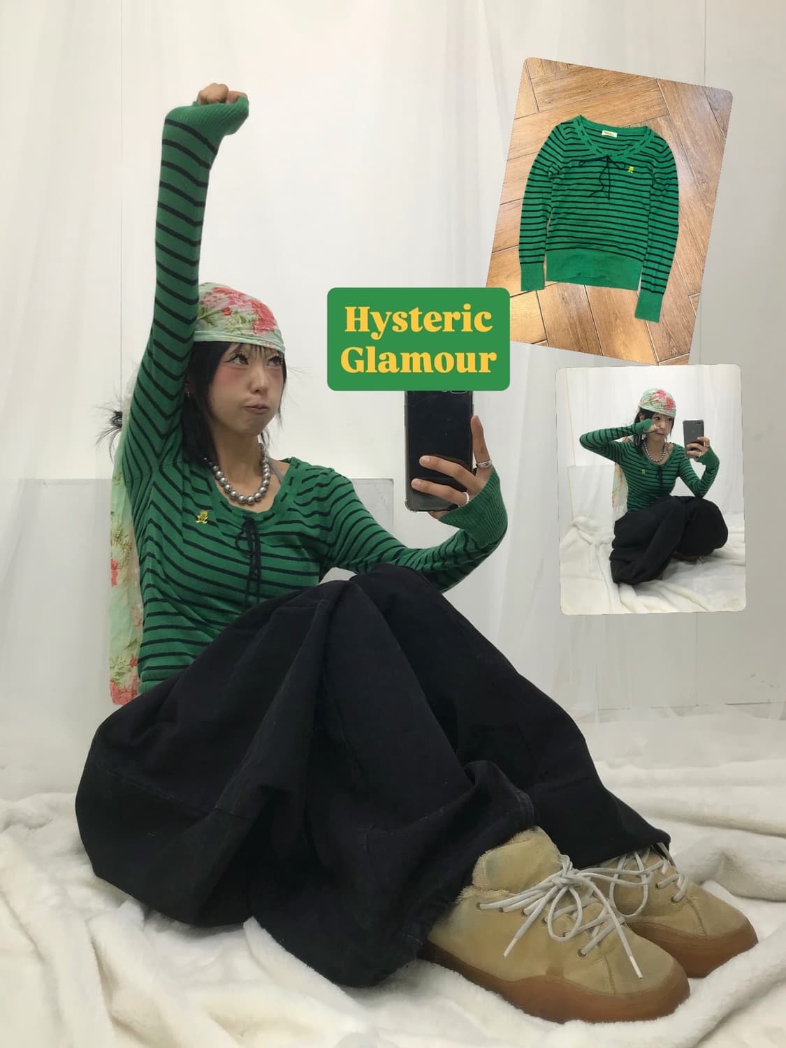 히스테릭글래머 퍽베어 스트라이프 리본 디테일 얇니트 상품이미지1