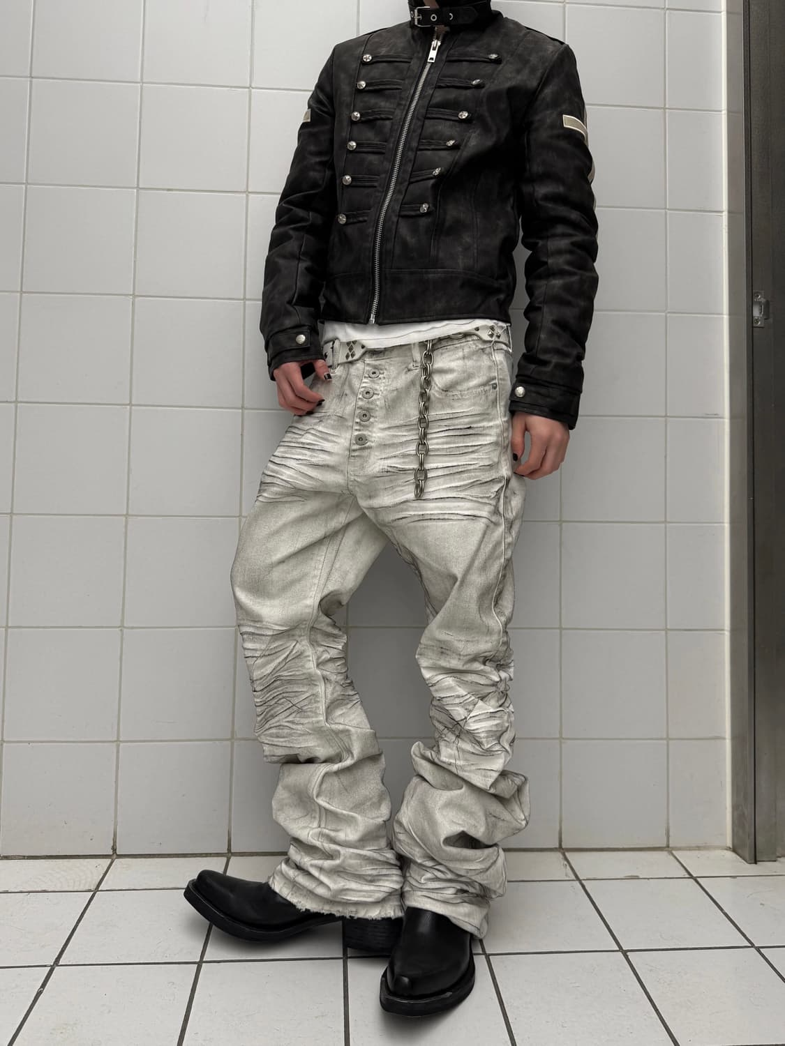 워싱 디스트로이드 스택 데님 팬츠 상품이미지1