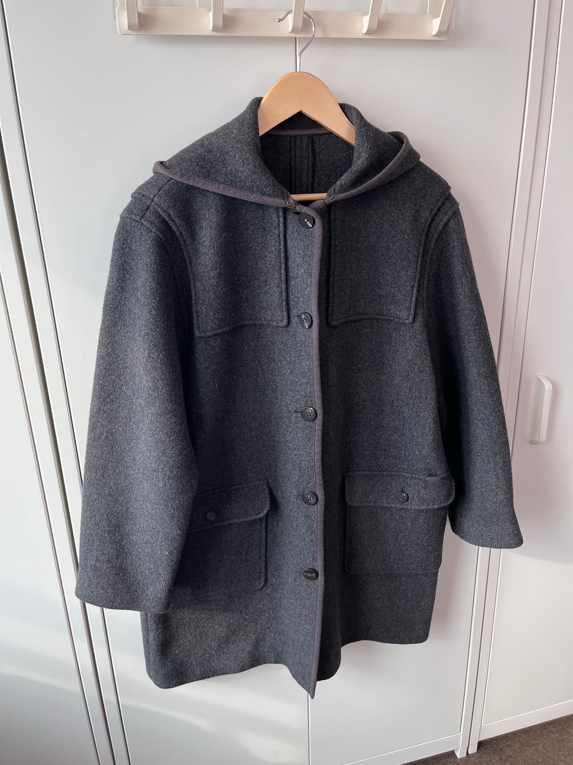 Mademoiselle non non 그레이 후드 울 버튼 롱코트 상품이미지3
