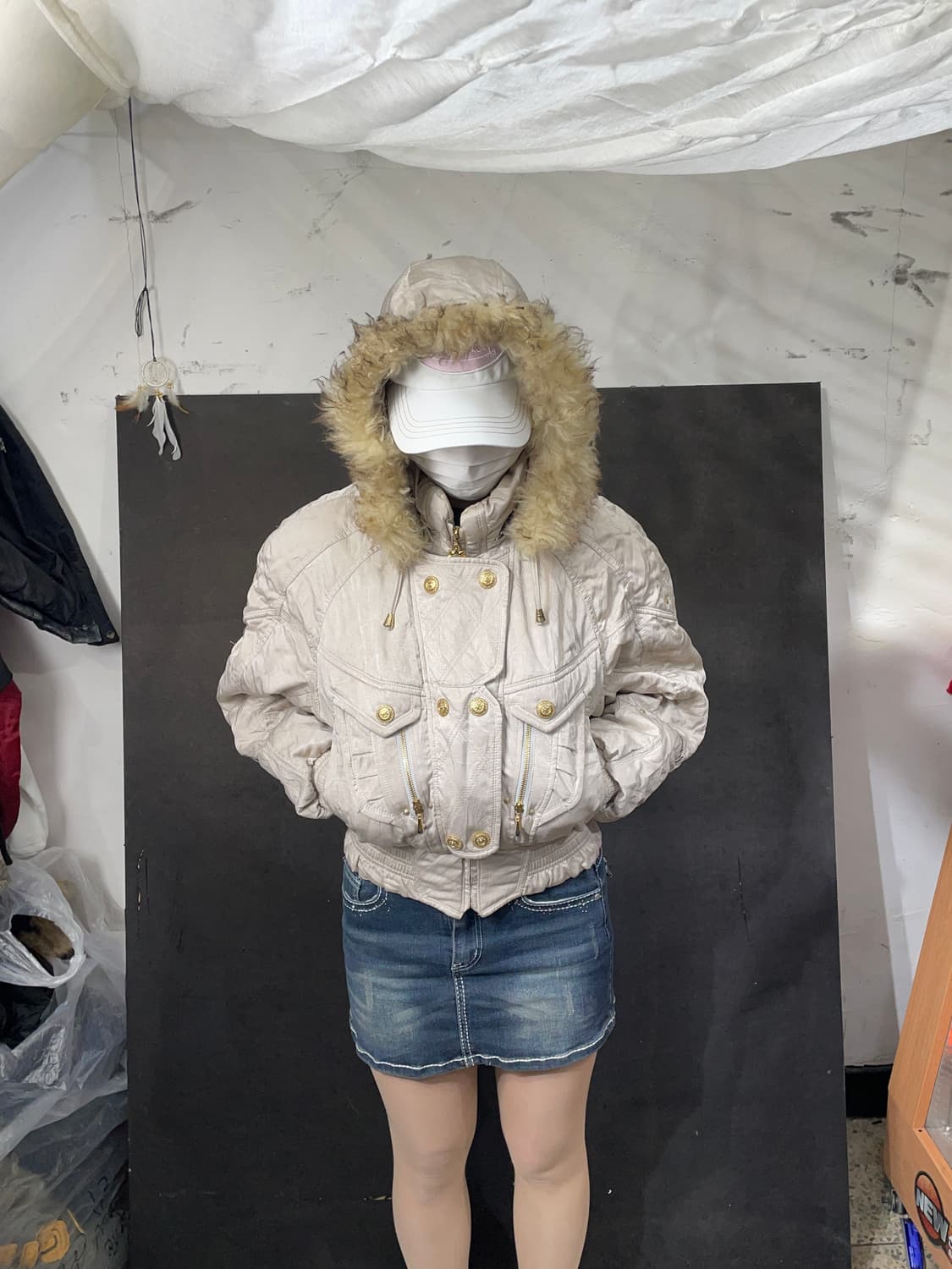 일본빈티지 울프죠 퍼 후드 자켓 크롭 패딩 L 상품이미지3