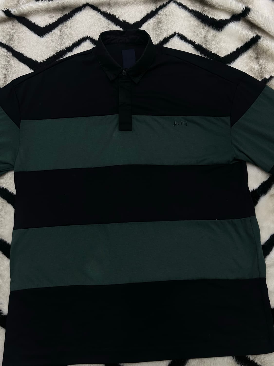 [실측XL]준지 오버핏 스트라이프 폴로 긴팔/그린블랙/오염 상품이미지4