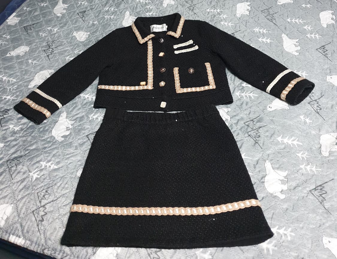 AIQIMIAO 크롭 트위드 셋업 (크롭자켓 스커트) 블랙 (F) 상품이미지1