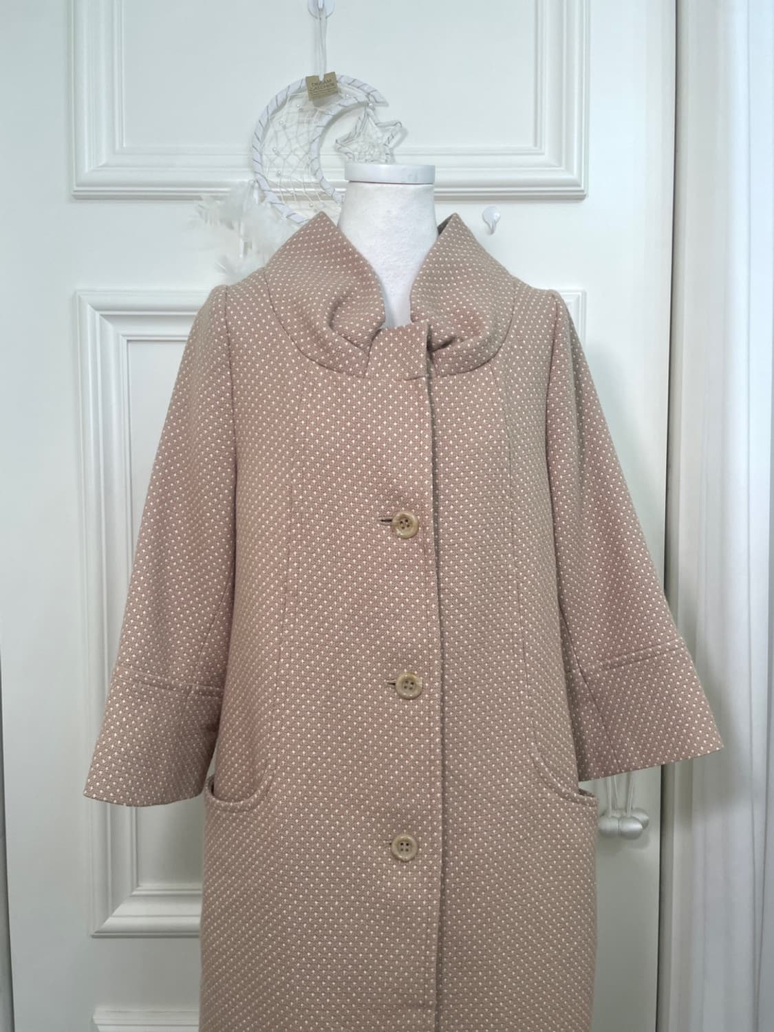 beige dot bow collar mori midi coat jack 상품이미지5