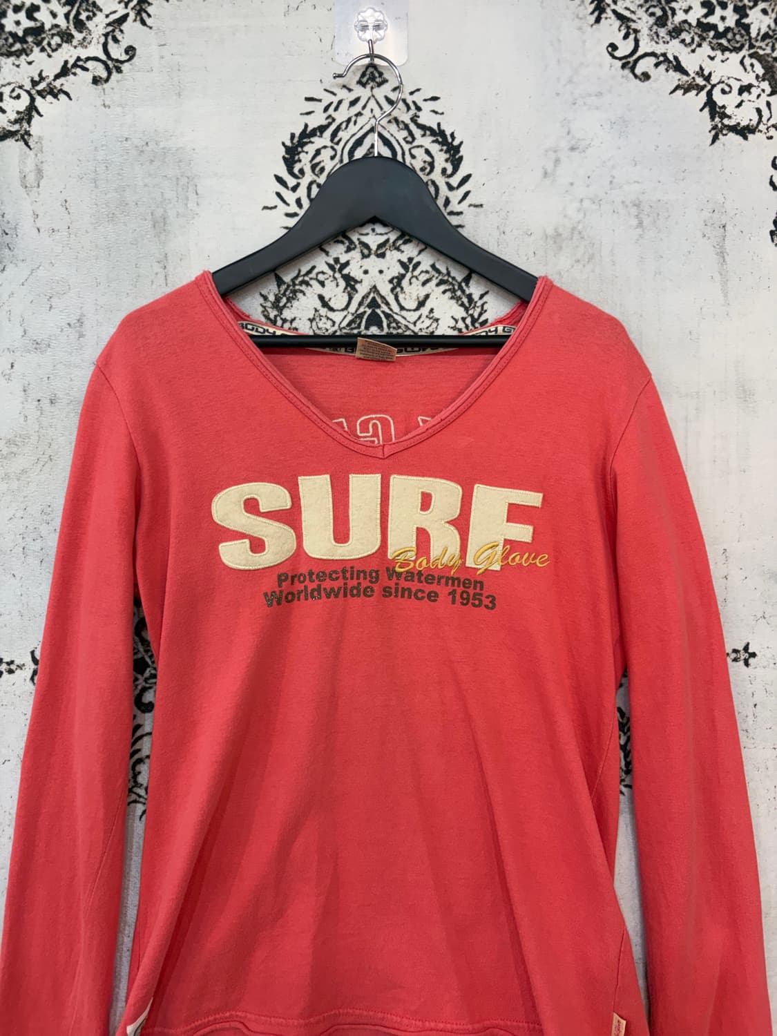 일본빈티지 body glove 키치 핀터깔 핑크브이넥 롱슬이브 상품이미지3