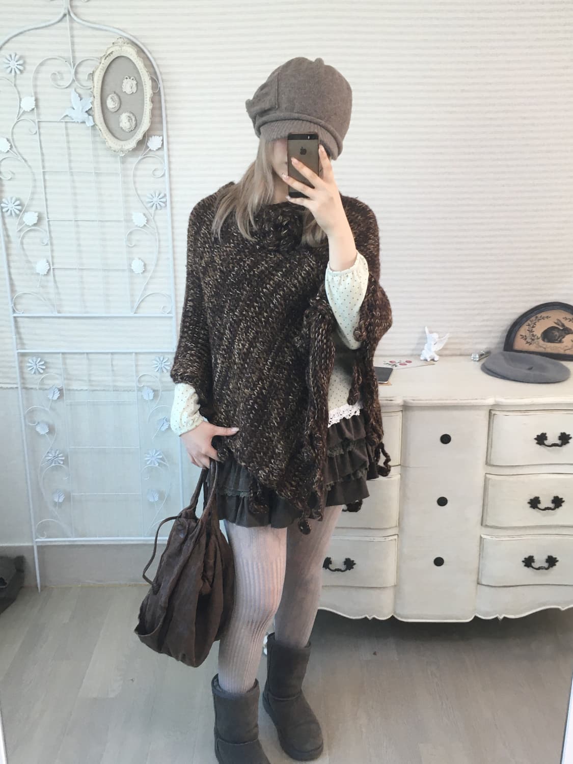 일본빈티지 브라운 플라워 코사지 케이프 상품이미지5