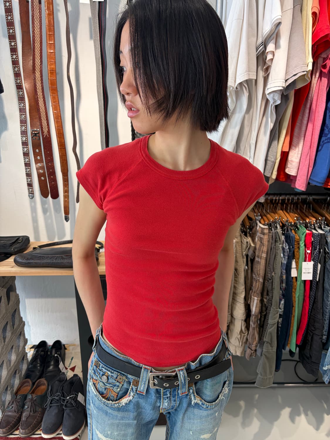 Benetton 레드 캡소매 반팔 티셔츠 S 상품이미지1