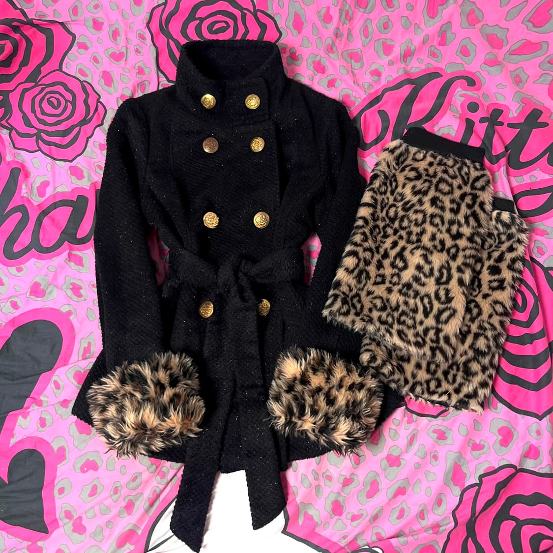 오네갸루 금장 레오파드 퍼 글리터 벨티드 코트 d.i.a깔y2k핀터00s 상품이미지1