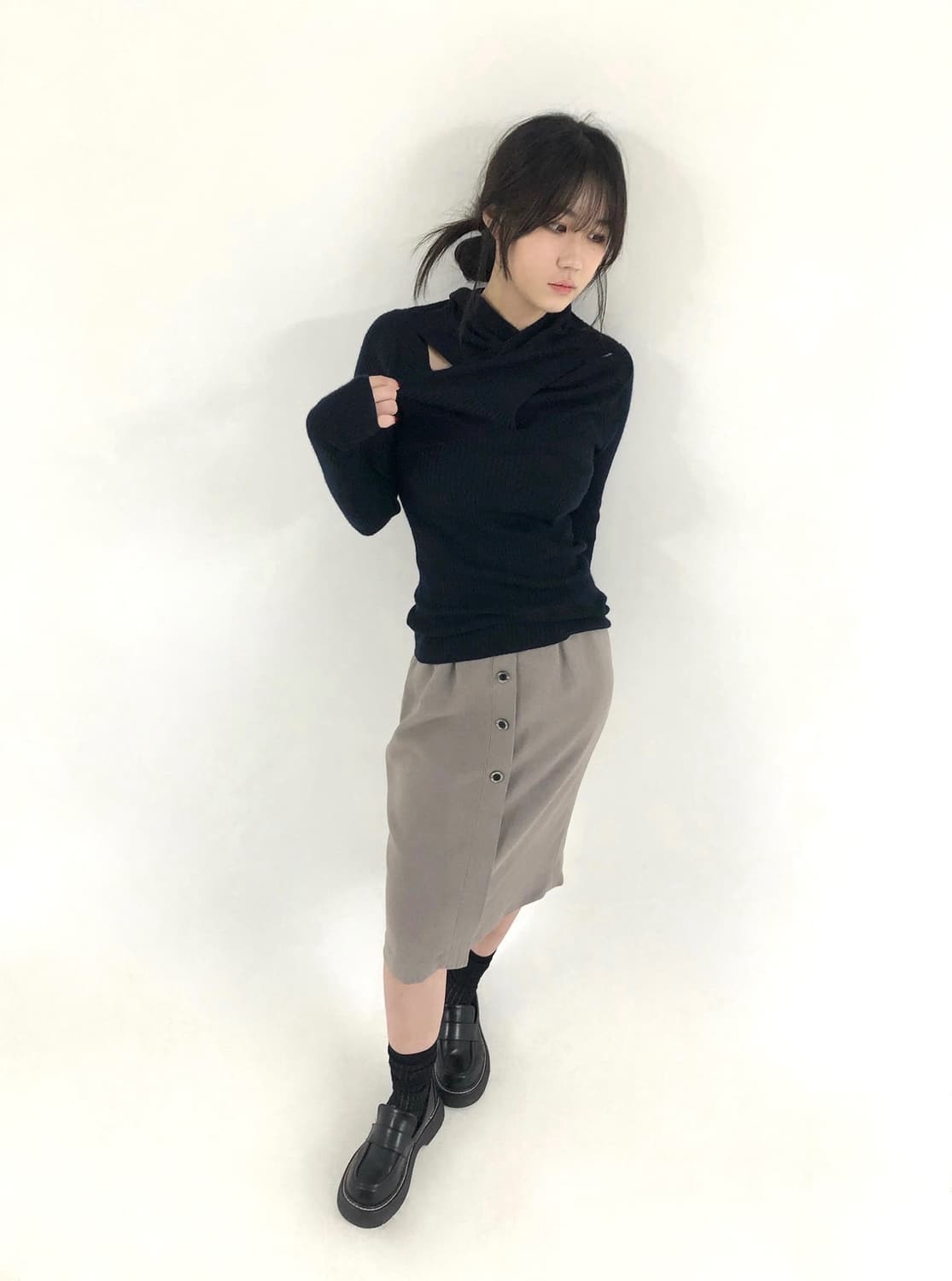 4 Button Mocha Beige Midi Skirt 상품이미지3