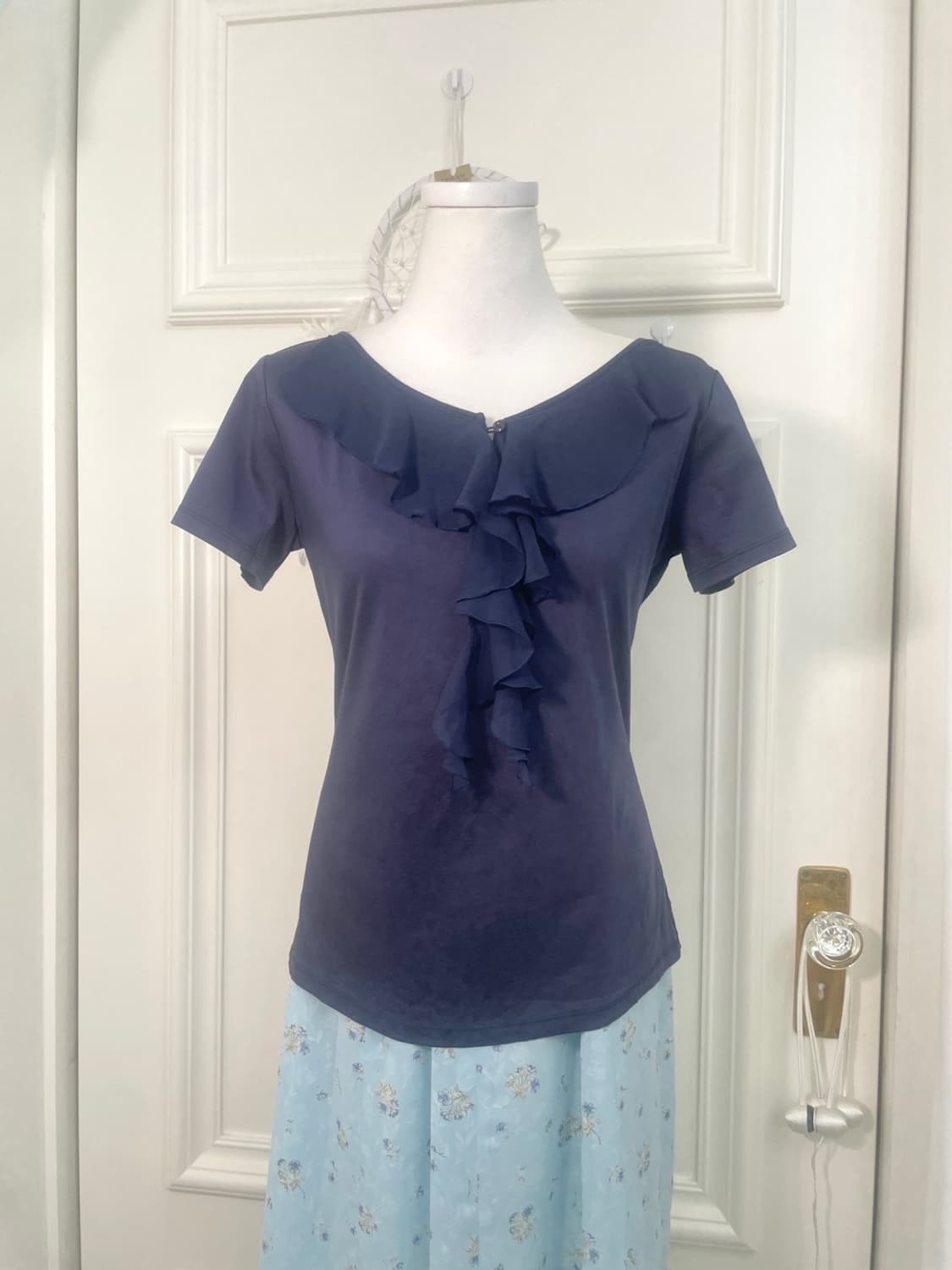 navy ruffle point summer half top 상품이미지1