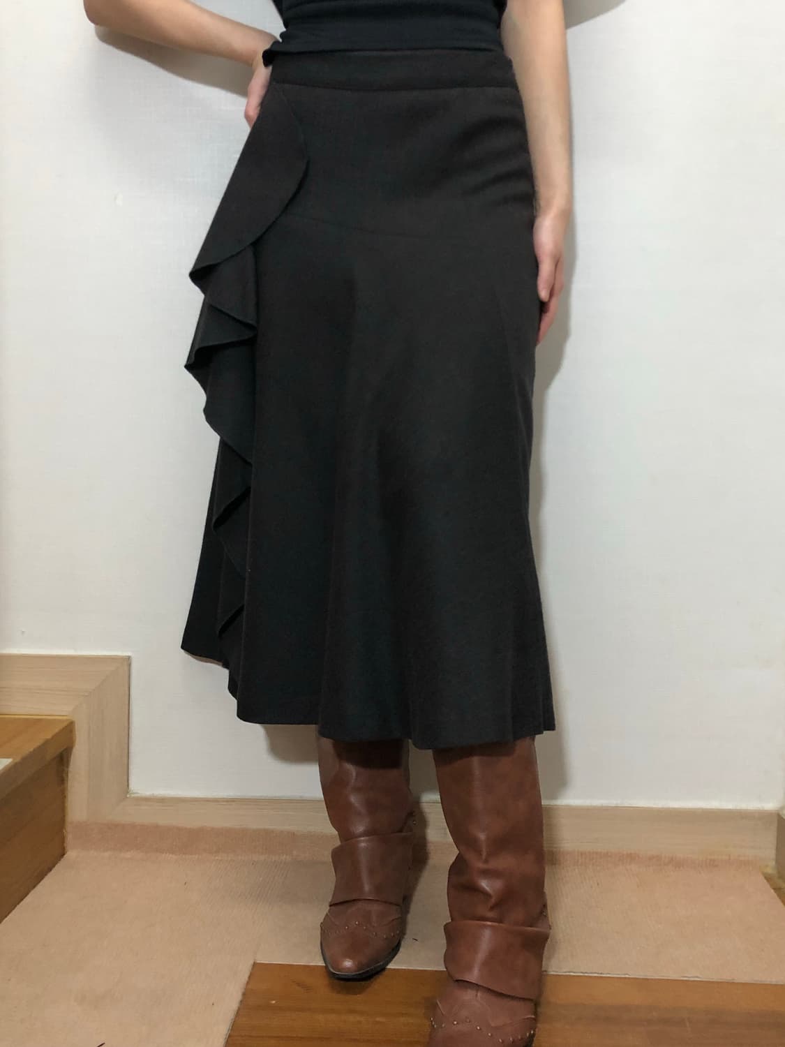 빈티지 그레이 핀 스트라이프 러플 스커트 상품이미지1